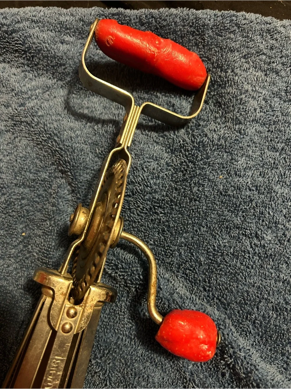 Vintage Hand Crank Egg Beater with Red Handles